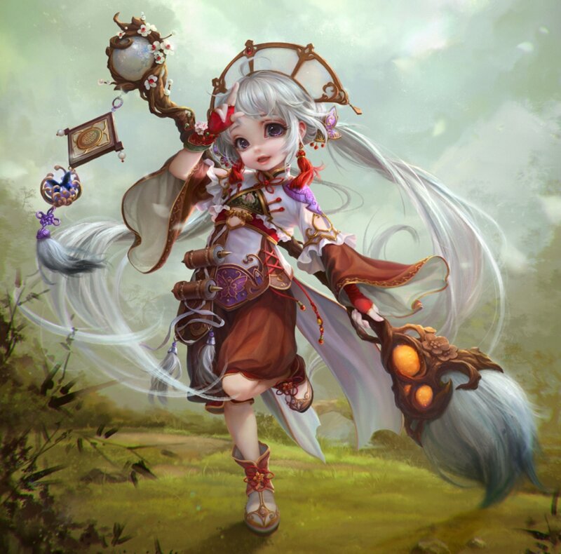 Silver-haired Girl with Staff — White