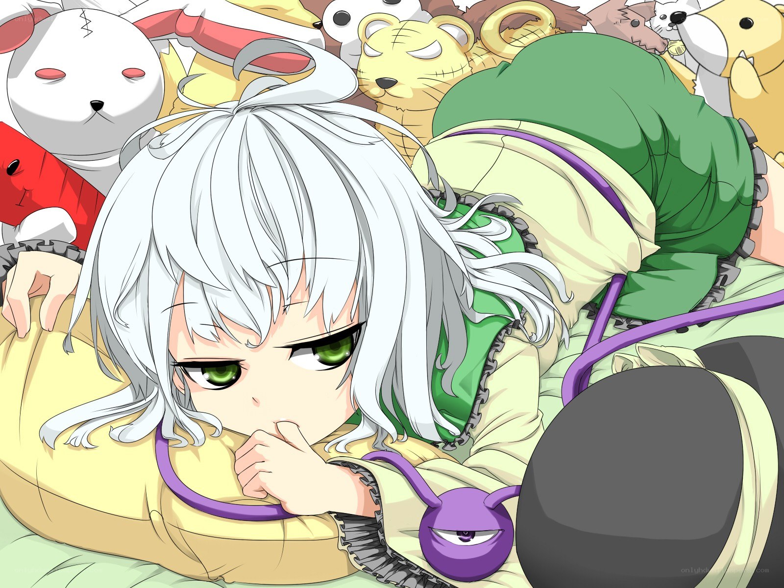 silver-haired girl with stuffed animals