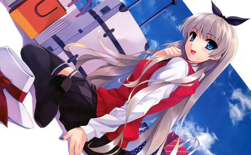 Silver-haired Girl with Suitcase — Blue