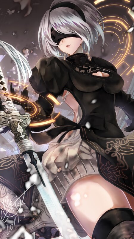 Silver-haired Girl with Sword — Black, Dramatic, Digital Art