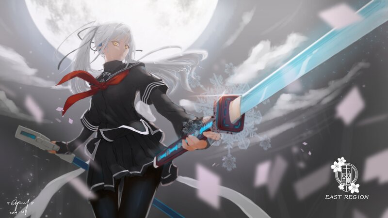 Silver-haired Girl with Sword — Black, Dramatic, Night, Anime, Moon