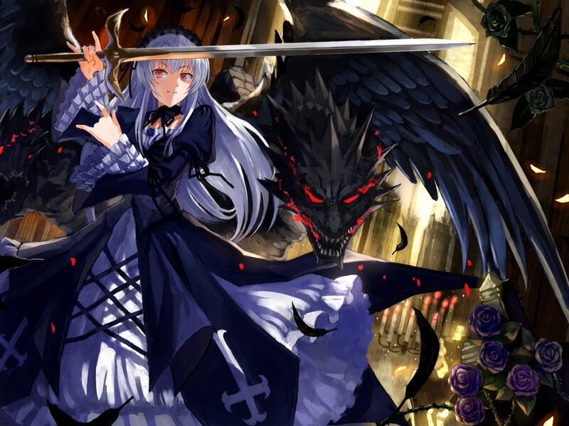 Silver-haired Girl with Sword — Black, Dramatic, Night, Anime