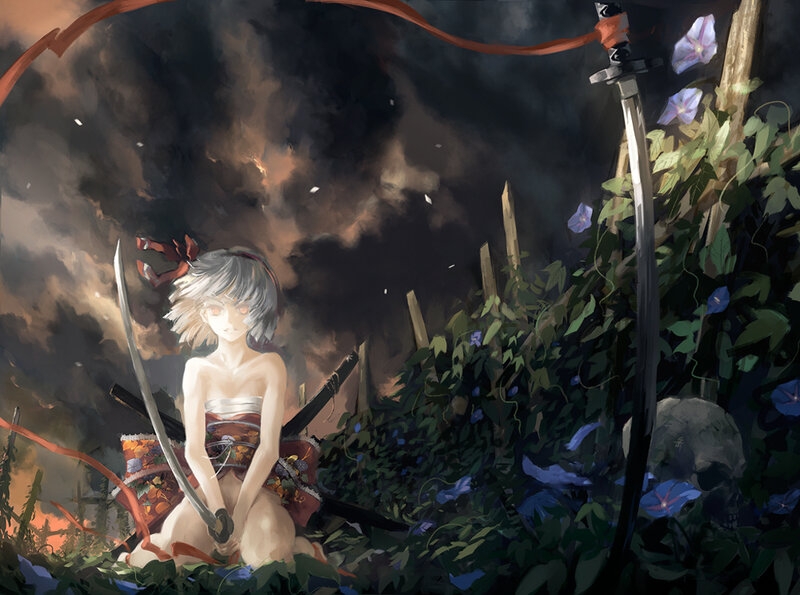 Silver-haired Girl with Sword — Black, Dramatic