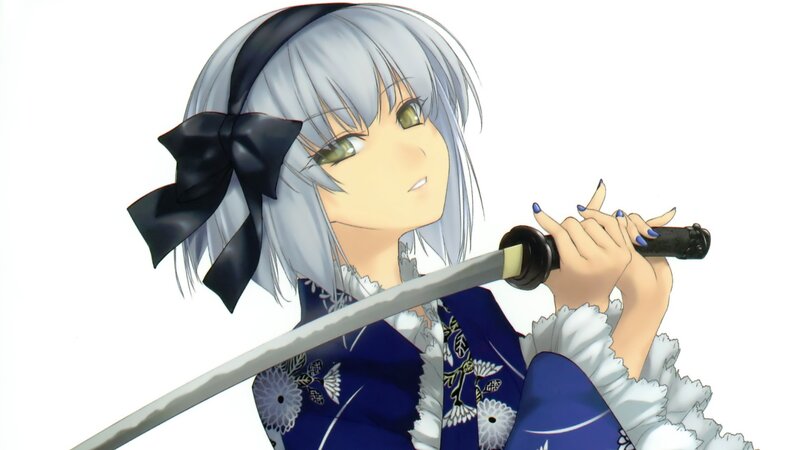 Silver-haired Girl with Sword — Blue, Calm, Anime, Kimono, Black Bow
