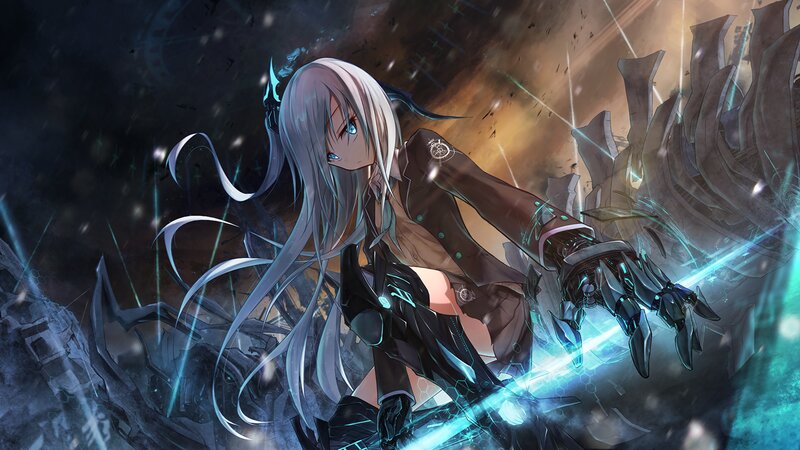 Silver-haired Girl with Sword — Blue, Dramatic, Anime, Mechanical Arm