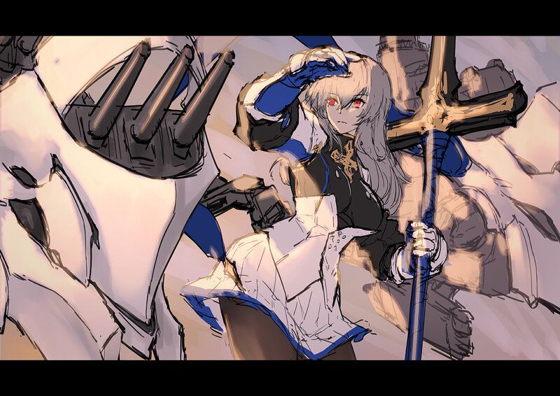 Silver-haired Girl with Sword — Blue, Dramatic, Digital Art
