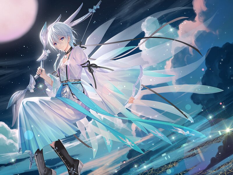 Silver-haired Girl with Sword — Blue, Dramatic, Night, Digital Art