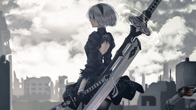 Silver-haired Girl with Sword — Gray, Dramatic, Digital Art