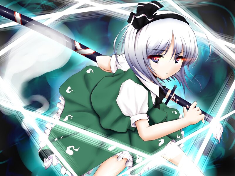 Silver-haired Girl with Sword — Green, Dramatic, Anime, Green Dress