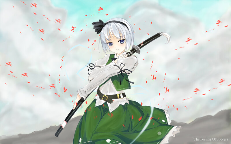 Silver-haired Girl with Sword — Green, Dramatic, Anime, Red Petals