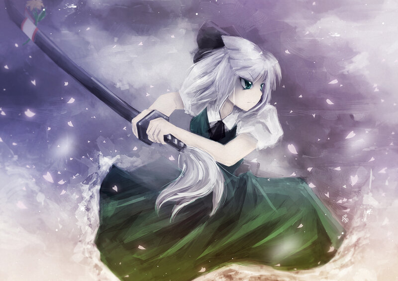 Silver-haired Girl with Sword — Green, Dramatic, Digital Art