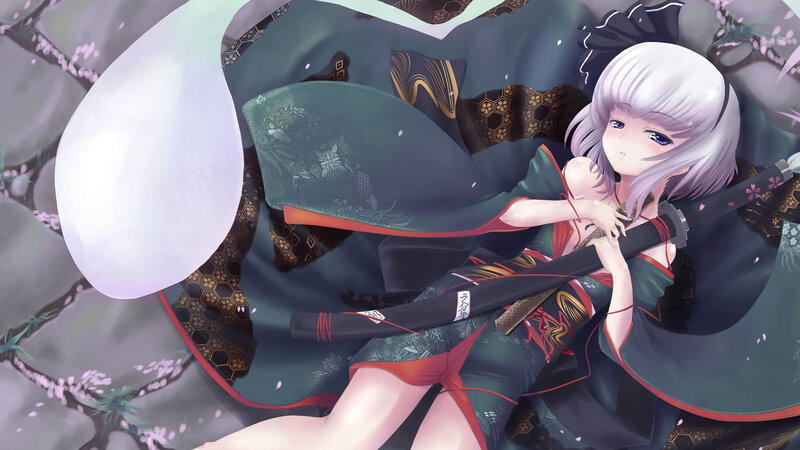 Silver-haired Girl with Sword — Green, Serene, Spring, Anime, Kimono, Cherry Blossoms, Black