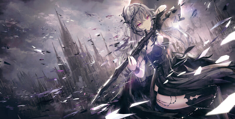 Silver-haired Girl with Sword — Purple, Dramatic, Digital Art