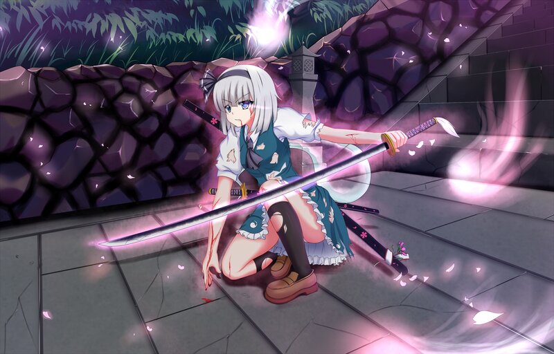 Silver-haired Girl with Sword — Purple, Dramatic, Night, Anime, Bamboo