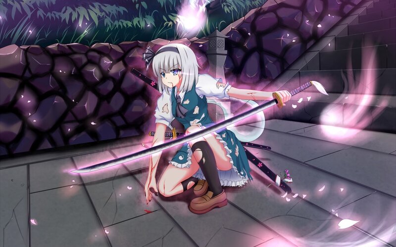 Silver-haired Girl with Sword — Purple, Dramatic, Night, Anime, Cherry Blossoms