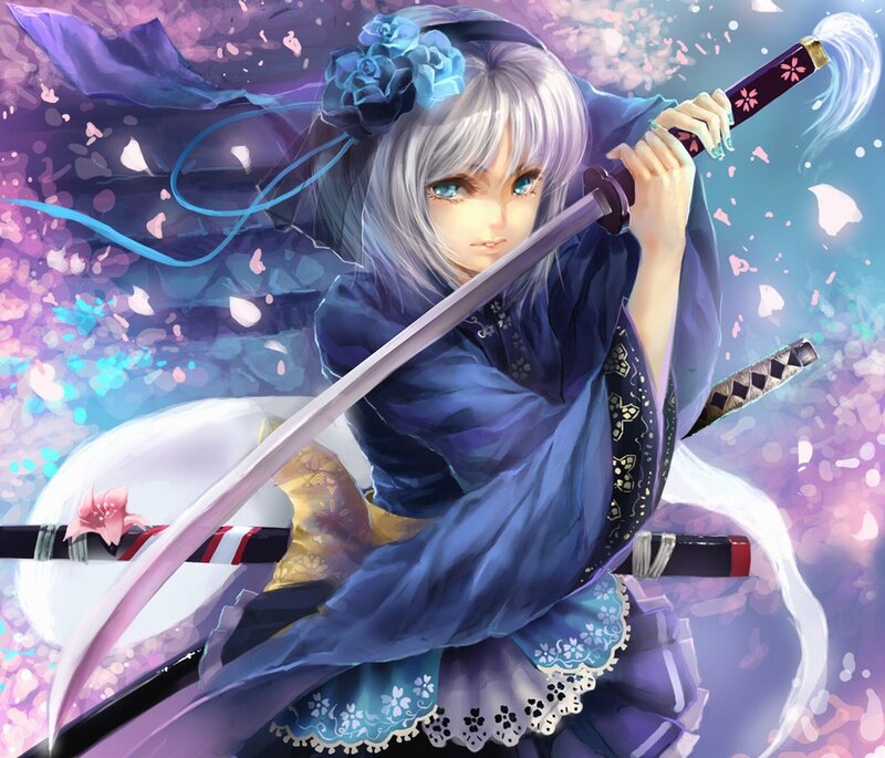 Silver-haired Girl with Sword — Purple, Dramatic, Spring, Anime, Cherry Blossoms