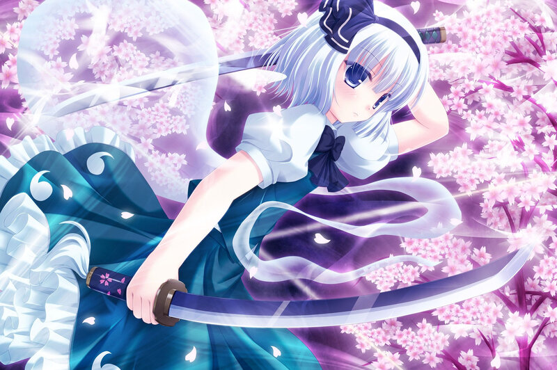 Silver-haired Girl with Sword — Purple, Dramatic, Spring, Anime, Sakura