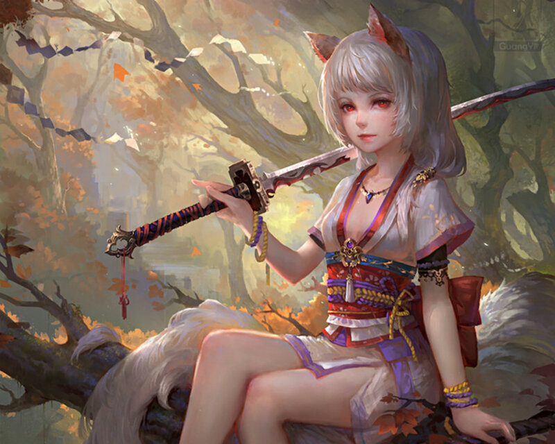 Silver-haired Girl with Sword — White, Calm, Autumn