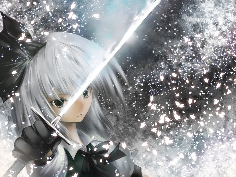 Silver-haired Girl with Sword — White, Dramatic, Anime, Cherry Blossoms