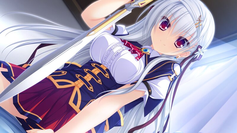 Silver-haired Girl with Sword — White, Dramatic, Anime, Skirt