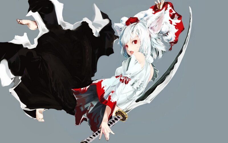 Silver-haired Girl with Sword — White, Dramatic, Digital Art, Cat Ears