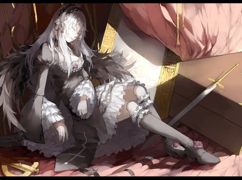 Silver-haired Girl with Sword — White, Dramatic, Digital Art, Dress
