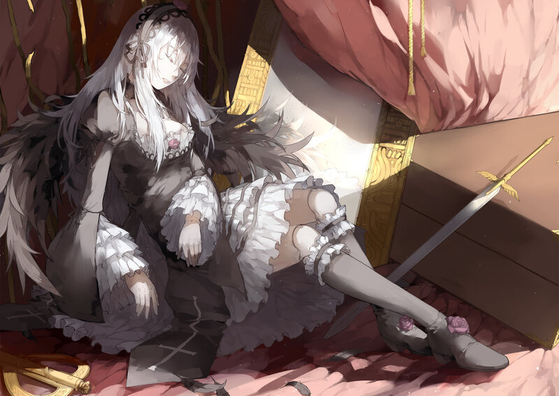 Silver-haired Girl with Sword — White, Dramatic, Digital Art