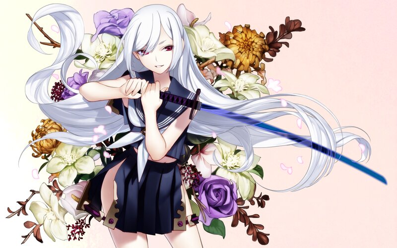 Silver-haired Girl with Sword — White, Dramatic, Spring
