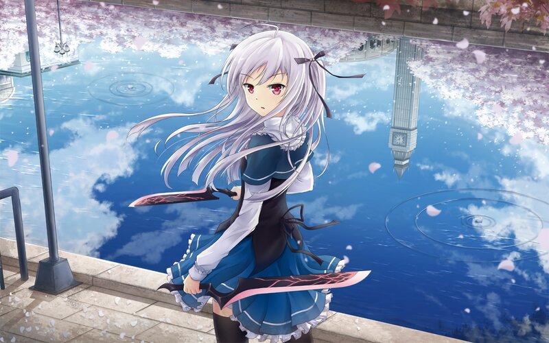 Silver-haired Girl with Swords — Blue, Serene, Spring, Anime