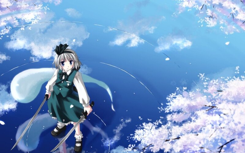 Silver-haired Girl with Swords — Blue, Serene
