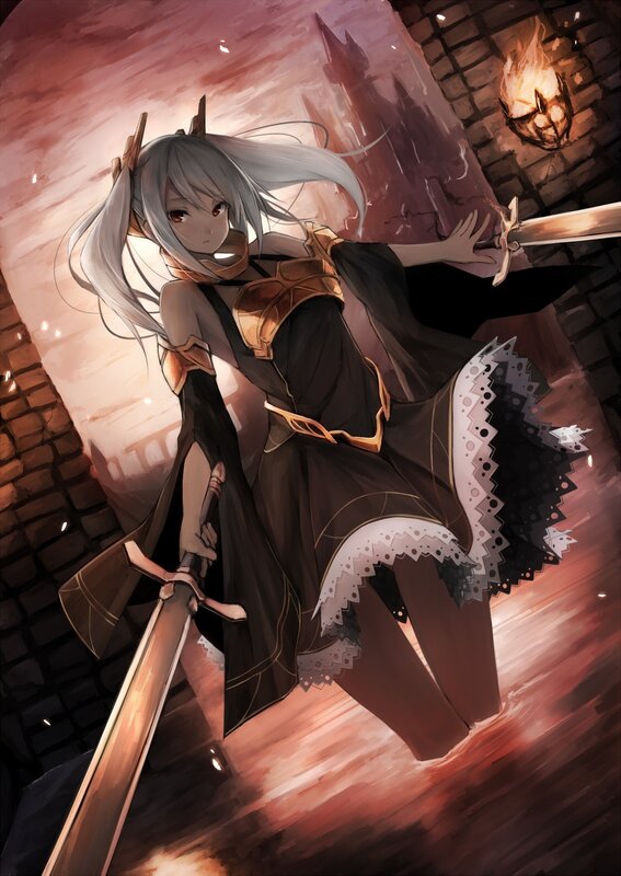 Silver-haired Girl with Swords — Brown