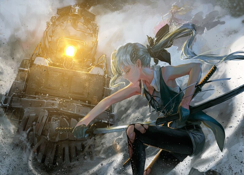 Silver-haired Girl with Swords — Gray