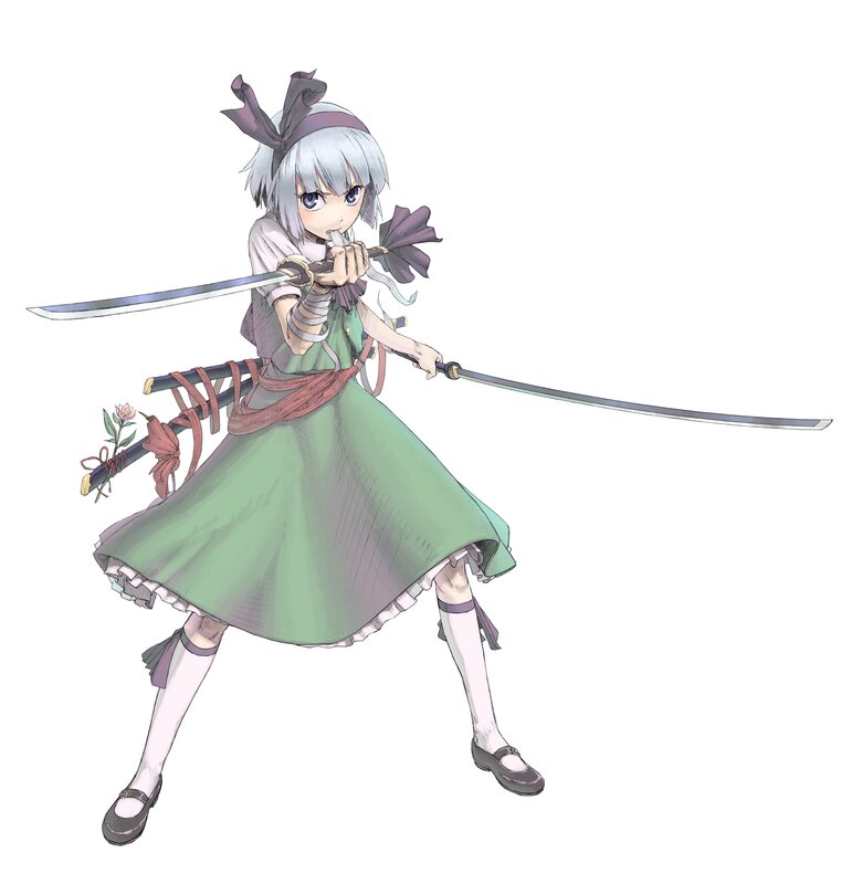 Silver-haired Girl with Swords — Green, Determined