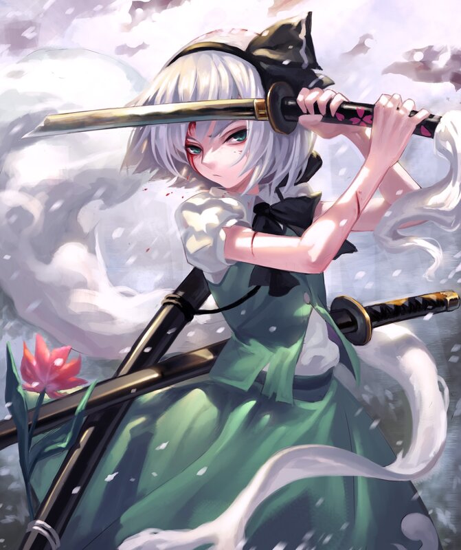 Silver-haired Girl with Swords — Green, Dramatic, Winter