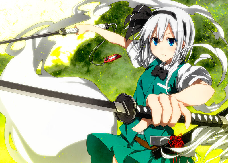 Silver-haired Girl with Swords — Green, Dynamic, Anime