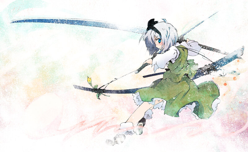 Silver-haired Girl with Swords — Green, Dynamic