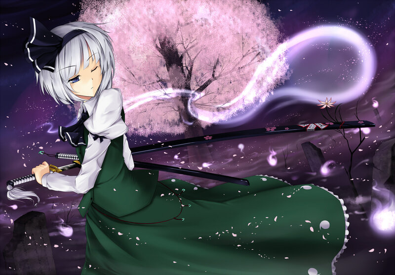 Silver-haired Girl with Swords — Green