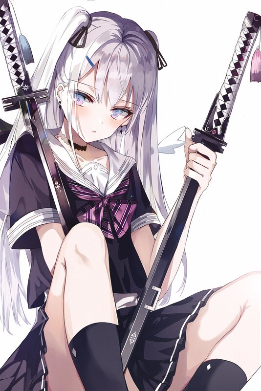 Silver-haired Girl with Swords — White, Calm