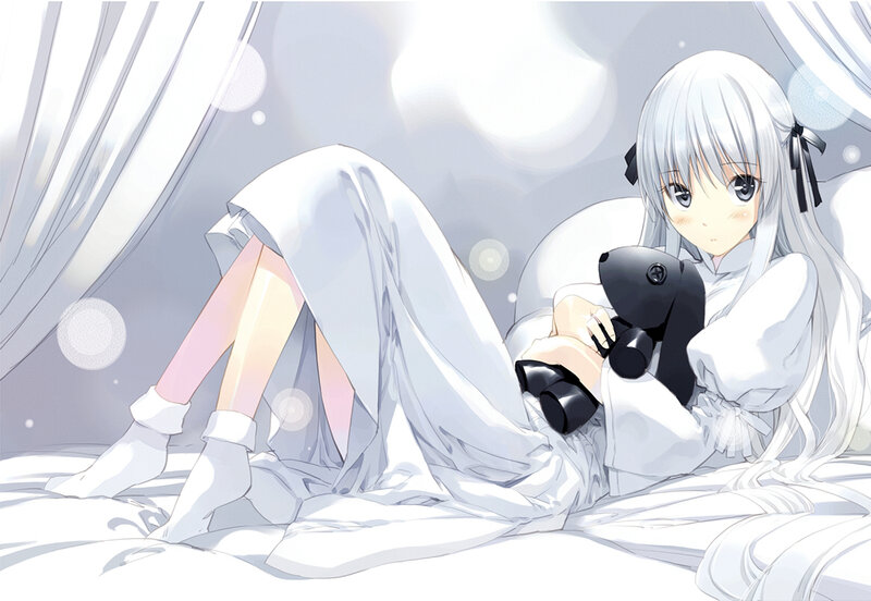 silver-haired girl with teddy bear