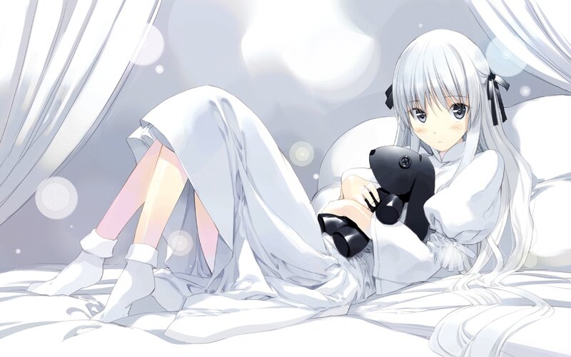 Silver-haired Girl with Teddy Bear — White
