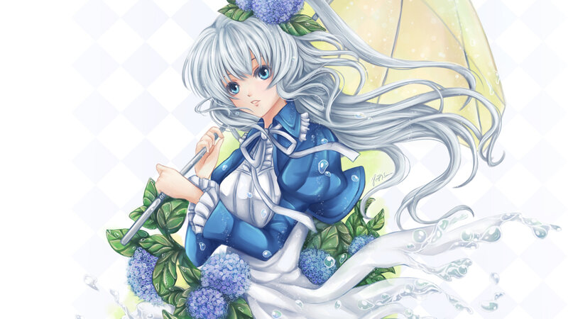 Silver-haired Girl with Umbrella — Blue