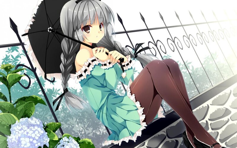 Silver-haired Girl with Umbrella — Green, Calm