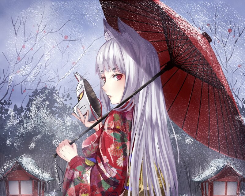 Silver-haired Girl with Umbrella — Red