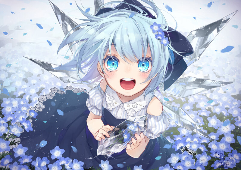 Silver-haired Girl with Wings — Blue, Playful