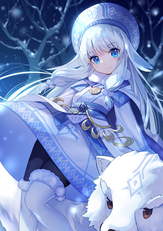 Silver-haired Girl with Wolf — Blue, Serene