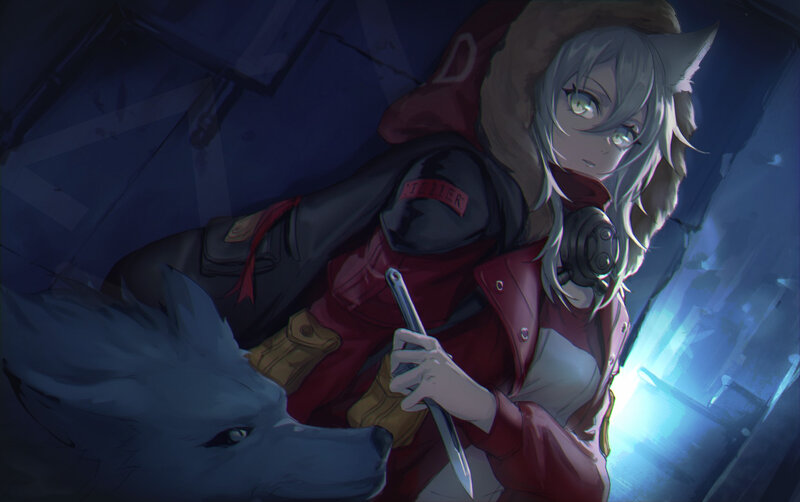 Silver-haired Girl with Wolf — Blue
