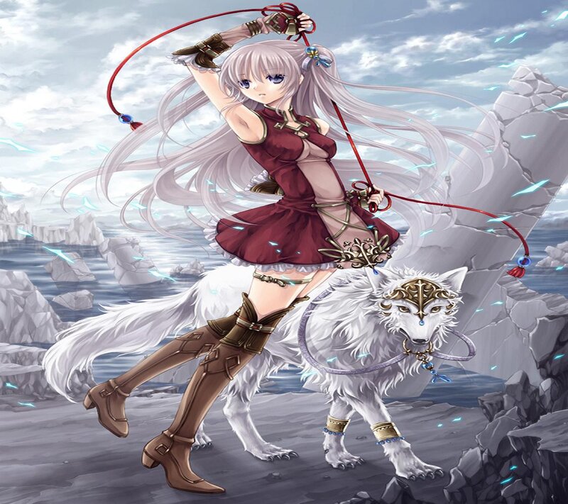 Silver-haired Girl with Wolf — White, Dramatic