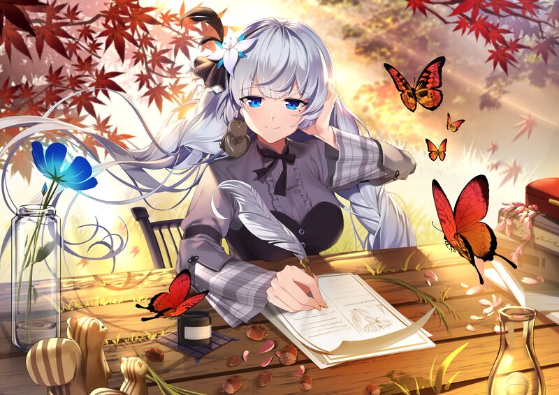 Silver-haired Girl Writing — White, Serene
