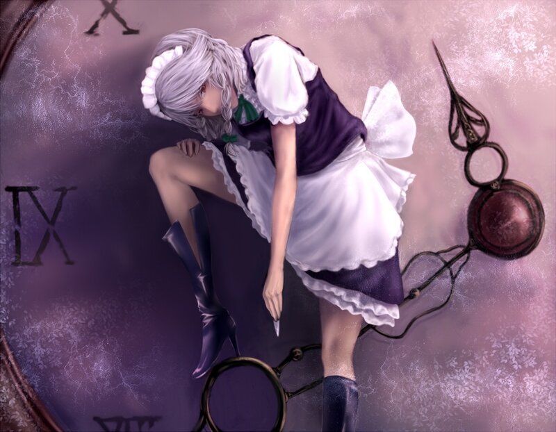 silver-haired maid with knife