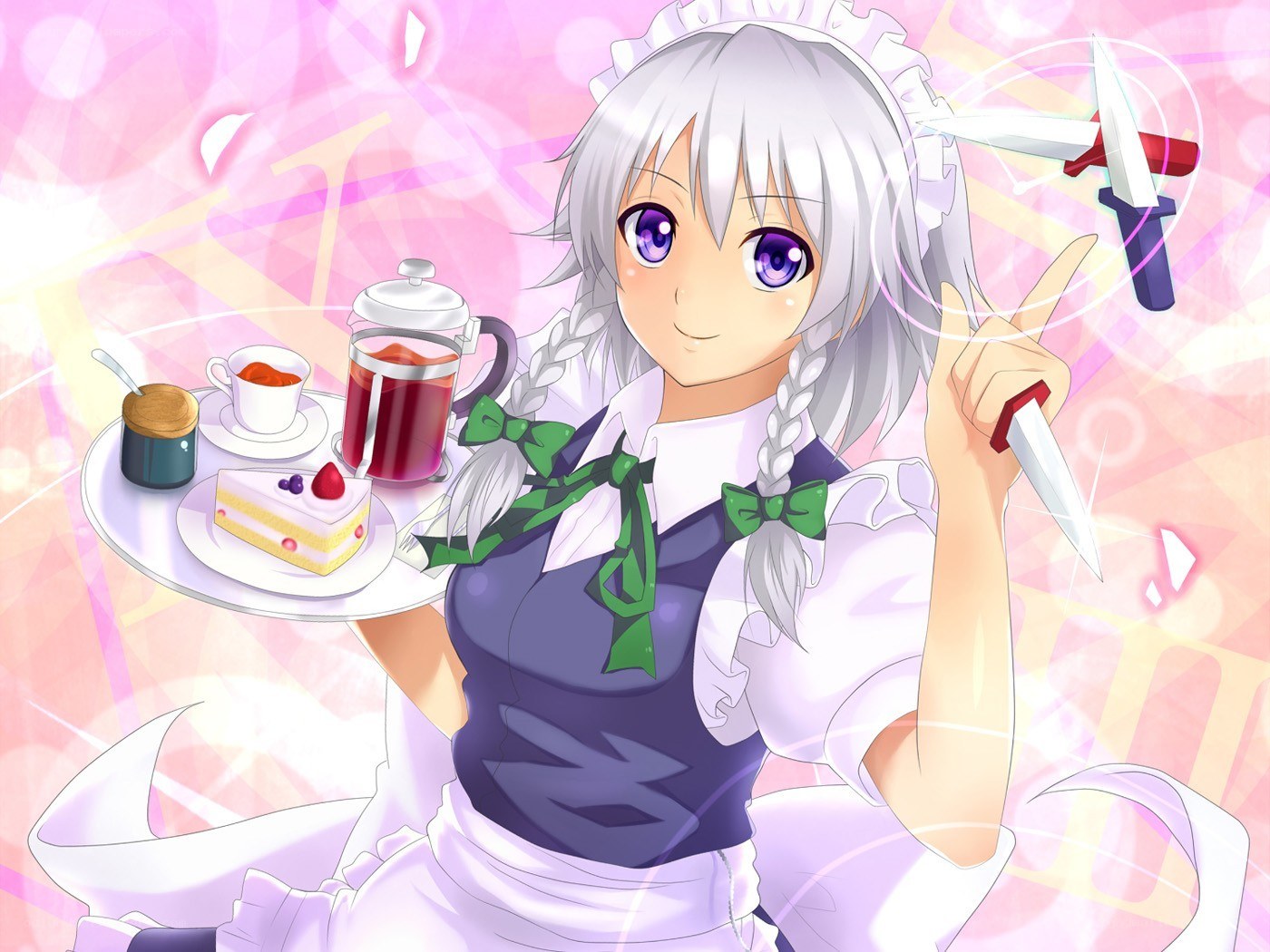 Silver-haired maid with knives